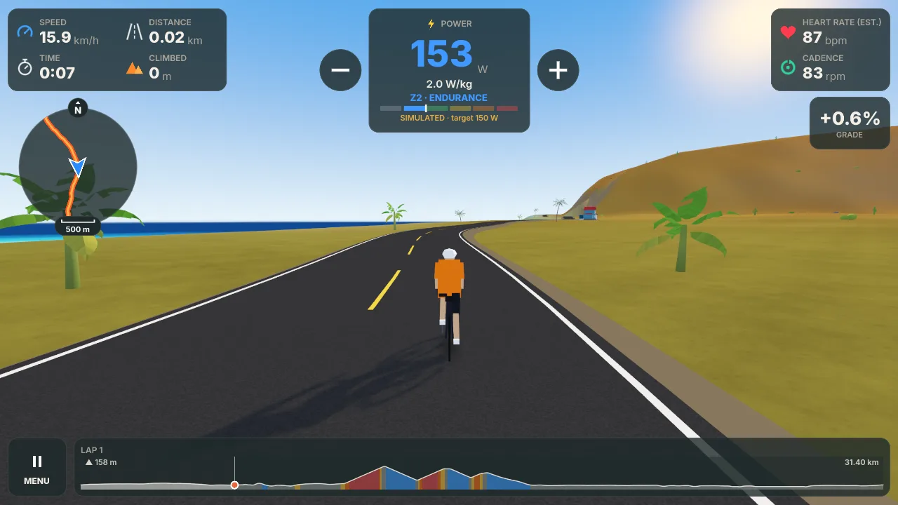 A rider on a coast road in Solmara, palms on the verge and the sea on the left, with the riding HUD over the view