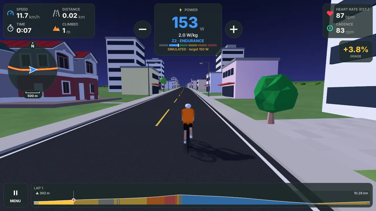 A rider climbing through the town of Lumeria at night, houses and towers along the street