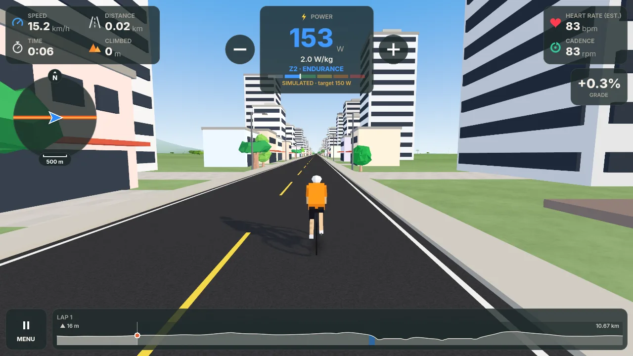Riding through Port Solace, with power, speed, heart rate, cadence, grade, the mini map and the route profile on screen